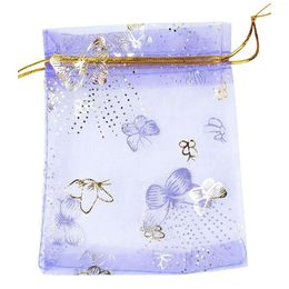 10x12cm 100pcs lot Purple Butterfly Print Wedding Candy Bags Jewellery Packing Drawable Organza Bags Party Gift Pouches226p
