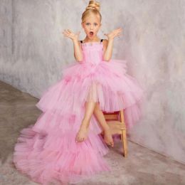 Elegant Long Pink Flower Girl Dresses Straps Tulle Sleeveless Ball Gown Tiered Custom Made for Wedding Party