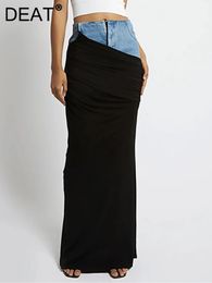 Skirts DEAT Fashion Wome Skirts High Waist Deconstruct Patchwork Panelled Asymmetry Denim Pleated Pockets Long Skirt 17A2012H 231211