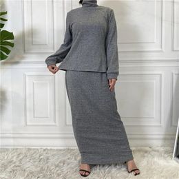 Ethnic Clothing Autumn Winter Knitted Cotton Muslim Outfits Women Long Sleeve Turtleneck Sweater Tops Skirt 2 Piece Set Islamic Suit Abaya