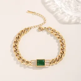 Link Bracelets Bohemian Style Stainless Steel Gold Plated Cuban Chain Emerald Zircon Pendant Bracelet For Women Jewellery Set Gift