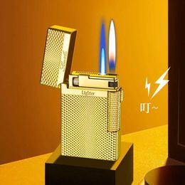 Metal Creative Crisp Sound Inflatable Double Fire Windproof Lighter Straight Into Open Flame Side Slip Men's Gift