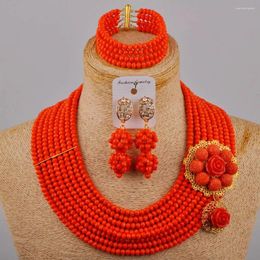 Necklace Earrings Set Opaque Orange Crystal Beaded African Jewellery Costume Bridal