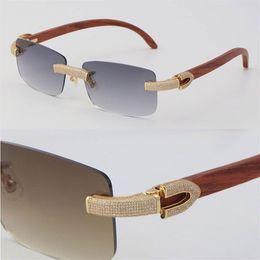 New Micro-paved Diamond Rimless Wooden Womans Sunglasses Original Wood mens Rocks Frame Male and Female Eyewear 18K Gold C Decorat3248