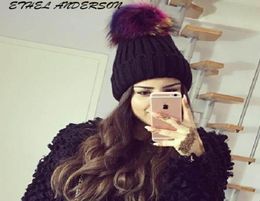 Multi Colored Raccoon fur pompom hat for women cashmere beanie hat Big Natural Raccoon fur pompom Beanies cap bobble9502626