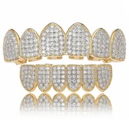 Iced Out Grillz Bling Hip Hop Teeth Grills Caps Silver Gold Cubic Zirconia Teeth Top & Bottom Dental Grills Rock Jewelry288i