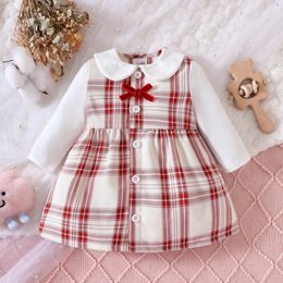 Girls Dresses Dress With A Ruffled Collar Long Sleeved Button Up Bow Tie Fluffy Skirt Plaid Pattern Fashionable Home Style 231211