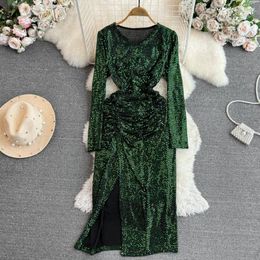 Casual Dresses Women's Banquet Evening Dress Fashion Feminine Long Sleeve V-neck Waist Skirt Mid-length Slit Sequin