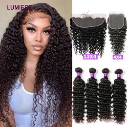 Synthetic Wigs 30 32 Inch Deep Wave Brazilia Human Hair Weave Bundles With Closure Frontal Raw Curly Weave 4x4 Lace Closure Frontal with Bundle 231211