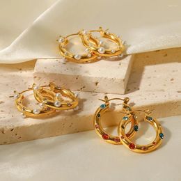 Hoop Earrings Vintage Colourful Zircon Stone Imitation Pearl Paved Chunky 18k Gold Plated Stainless Steel Medium Size Women