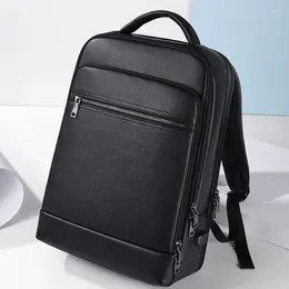 Backpack Genuine Leather Bag Men USB Charging Waterproof Black 15.6 Inch Laptop Bags Daypack Travel Rucksack