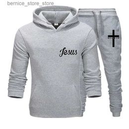 Men's Tracksuits Latest I Believe in Jesus Christ Printed Autumn and Winter Men's Sports Casual Suit Solid Color Hooded Drawstring Design Sports Q231211