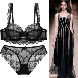 Sexy Set Transparent Bras Solid Bow Lace Women Underwear 32 70 34 75 36 80 38 85 40 90 42 95 ABCDE Cup Female Lingerie 231211