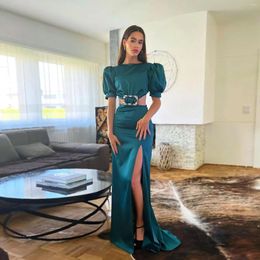 Party Dresses Elegant Mermaid O Neck Short Puff Sleeves High Side Slit Floor Length Expose Waist Pleated Prom Evening Gowns