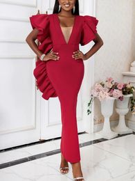 Casual Dresses African Women Fromal Red Party Dress Sexy Deep V Neck Short Sleeve Asymmetrical Long Christmas Evenings Special Occasion