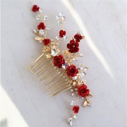 Jonnafe Red Rose Floral Headpiece For Women Prom Bridal Hair Comb Accessories Handmade Wedding Jewellery 211019199P