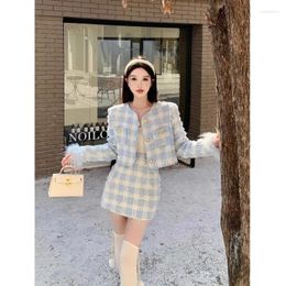 Work Dresses Sweet Girl Cotton Plaid Suit Women's Autumn/Winter Long-sleeved Woollen Coat High Waist Mini Skirt Two-piece Set Female Clothes