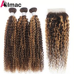 Synthetic Wigs P4/27 Honey Blonde And Brown Jerry Curly Human Bundles With 4x4 Lace Closure Peruvian Remy Hair Extention 220g/Set 10-24In 231211