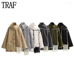 Women's Jackets Scarf Trench Coat For Women Contrast Oversize Woman Winter 2023 Long Sleeve Tweed Jacket Coats Autumn Outerwear