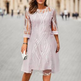 Casual Dresses Mesh Sleeves Embroidered Sequin Dress Women Glitter Print Patchwork O Neck Cocktail Party Elegant Female Nightgowns