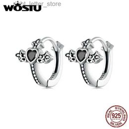 Stud WOSTU Vintage 925 Sterling Silver Black Zircon Cross Hoop Earrings Women Retro Punk Cross Ear Buckle Hip Hop Jewellery Lucky Gift YQ231211