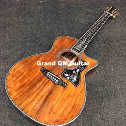 Custom Solid Koa Wood 6 strings Real Abalone Cutaway OM Acoustic Electric Guitar with Ebony Fingerboard, life tree inlay, customized logo accept OEM