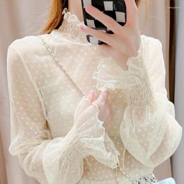 Women's Blouses Ear Edge Lace Bottom Blouse For Women In Autumn And Winter With Fashionable Foreign Style Speaker Sleeve Gauze Coat White