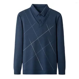 Men's Sweaters Men Casual Sweater Color-block Mid-aged Business With Patchwork Stripes Buttoned Lapel For Fall Winter