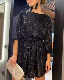 Women Long Sleeve Sequins Glitter Dress Party Sparkle Loose Fit Shift Mini Short Dress with Belt 2312103