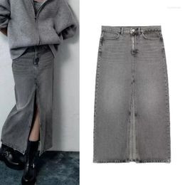 Skirts Women Solid Denim Skirt 2023 Autumn Classic Mid-waist Welt Pockets Female Street Casual Vintage Slit Hem