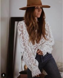 Women's Blouses AYUALIN Lady White Lace Blouse Shirt Women Long Sleeve See Through Sexy Blusa Vintage Femme Transparent Top Casual Boho