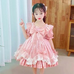 Girl Dresses Princess Lolita Dress Style 2023 Summer Fashion Square Collar Short Sleeve Big Bow Patchwork Lace Kid Tutu Pink