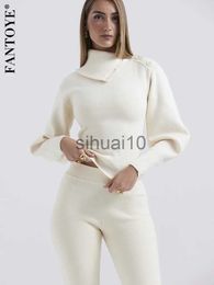Women's Two Piece Pants Fantoye Two Piece Sets Women Knitted Set White Turn-down Collar Button Sweater Skinny Pant Suit Winter New Casual Sweatshirt Set J231211