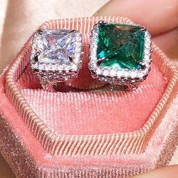 Cluster Rings Luxury Free-Dorm Double Square Emerald Full Diamond Couple Ring For Women Green Zircon Valentine's Day Gift Jewellery