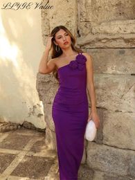 Casual Dresses Asymmetric Flower 2023 Woman Purple Summer Slim Hip Package Strap Female Fashion Club Bodycone Split Vestidos