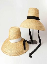 Women Summer Big Floppy Hat Wheat Straw with Black White Ribbon Lace Tie 15cm Wide Brim Sun UV Protection Beach Cap 2106118532742