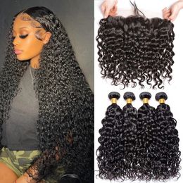 Synthetic Wigs 10A Peruvian Hair Bundles With Frontal Water Wave Bundles With Frontal Closure 13x4 Ear to Ear Lace Human Hair Weave 231211