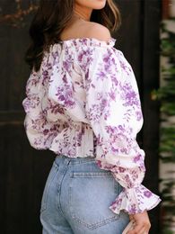 Women's Blouses Fashion Style Sweet Spring And Autumn Off-Shoulder Long Sleeve Shirt Vacation Waist-Tight Floral Top