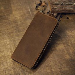 Wallets Handmade Crazy Horse Leather Long Wallet Retro Genuine Zipper Business Holders Men's Cash Purse Money Clips