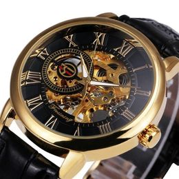 Forsining 3d Logo Design Hollow Engraving Black Gold Case Skeleton Mechanical Men Watches Heren Leather Strap Heren Horloge Y19052252Y