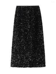 Skirts Women Sequin Long Skirt Glitter Elastic Waist A Line Midi Sparkle Pencil Party Nightout Shine