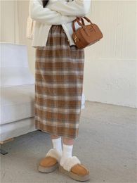 Skirts Alien Kitty Winter Woolen Retro Maxi Women Chic Loose All Match OL Sweet Elegant Mujer Plaid Daily High Waist Slim