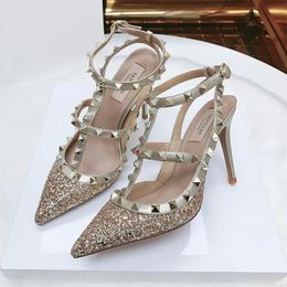 Dress Shoes Summer Luxury Women's Gladiator Pointed Sandals Leather Matte Roman Fashion Metal Rivet Pumps Party Versatile High Heels