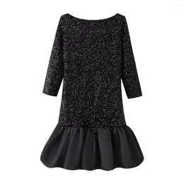 Casual Dresses Sequin Mini Dress Spliced Ruffled Hem 2024 Spring Woman's Boat Neck Open Back Black Fishtail Short For Woman