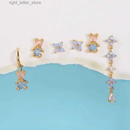 Stud New ins Vintage Exquisite Bear Earring Gold-plated Blue Flower Zircon Stud Earrings Set For Women Girls Fashion Jewellery Gift YQ231211