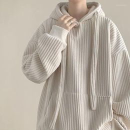 Men's Hoodies 2023 Winter Thickened Corduroy Long Sleeve Solid Colour Pocket Stripe Pullover Vintage Street Wear Thermal Tops