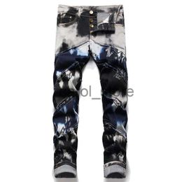 Men's Pants Men Patchwork Jeans Trendy Button Fly Letters Print Stretch Denim Pants Tie Dye Spliced Slim Straight Trousers J231208