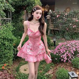 Casual Dresses Floral Sweet Pink Short 2023 Women's Clothing Summer Female Chic High Waist Strap Elegant And Pretty Party Dress .