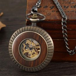 Pocket Watches Retro Hollow Skeleton Steampunk Wood Circle Flower Design Mechanical Watch Roman Numerals Hand Wind Fob Chain Clock