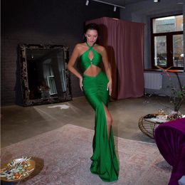 Party Dresses Simple Green Mermaid Prom For Women Halter Neck Sleeveless Cut Out High Slit Floor Length Pleated Evening Gowns